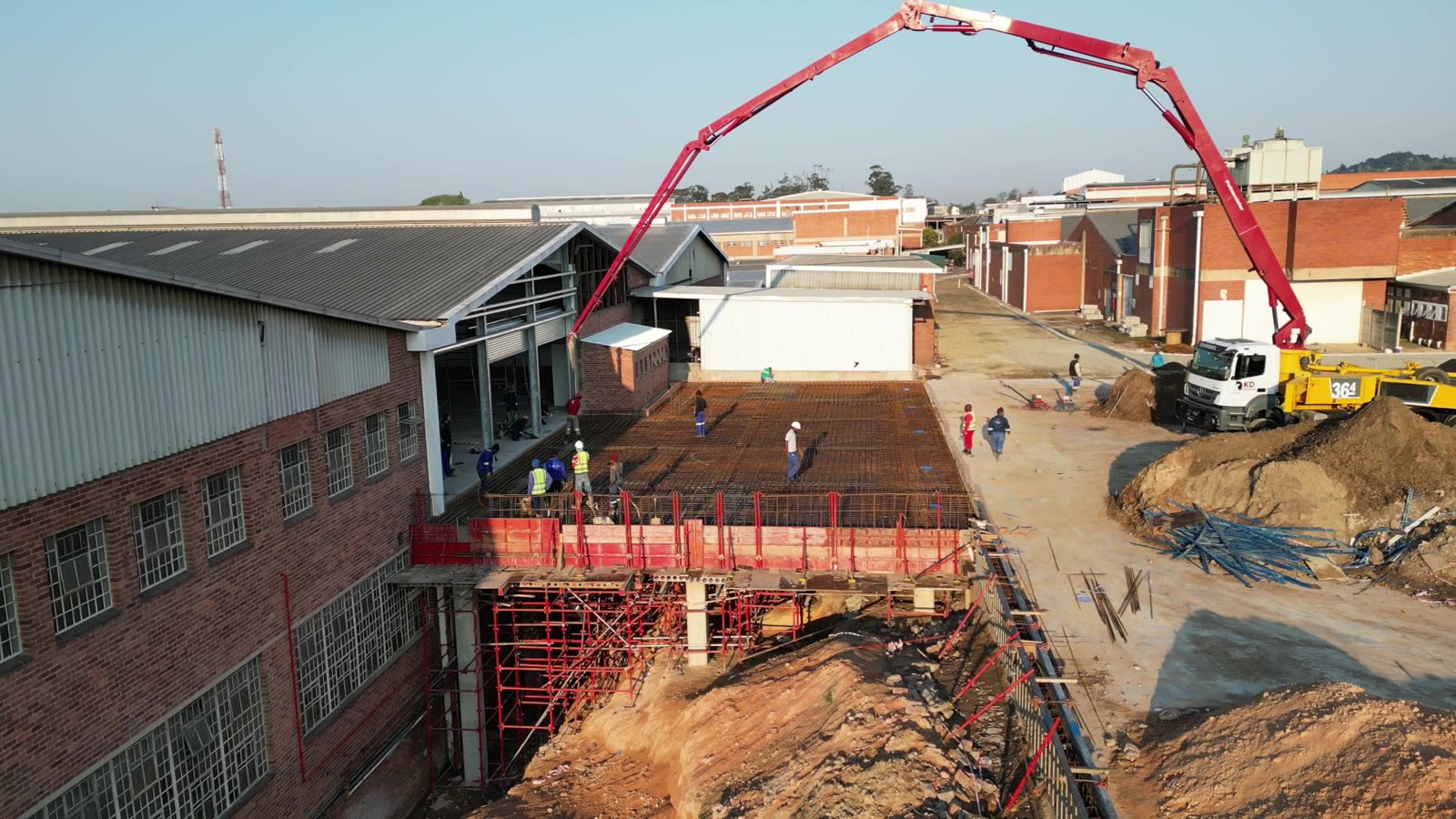 Reinforcement laid and the boom pump in position, ready to pour.